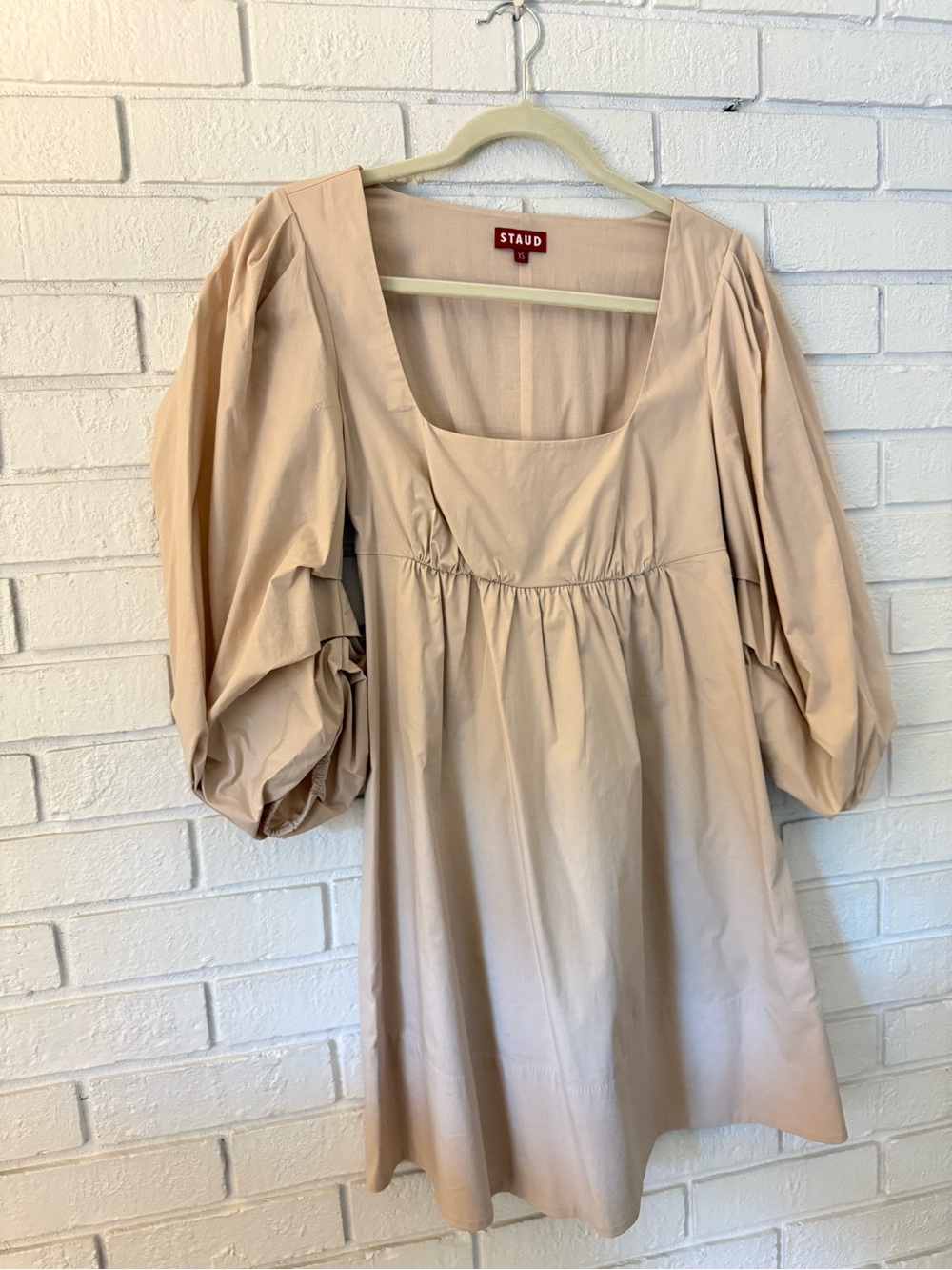 STAUD Beige Puff-Sleeve Mini Dress